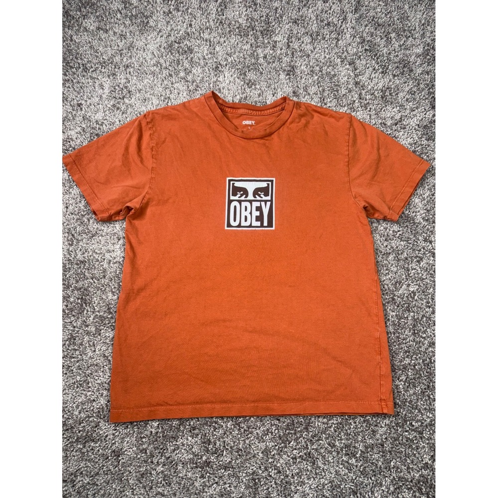 Obey Mens Small Burnt Orange Eyes Box Logo Graphic T-Shirt Streetwear